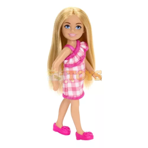 Barbie Chelsea játékbaba szőke hajjal és rózsaszín kockás szoknyában HXM95